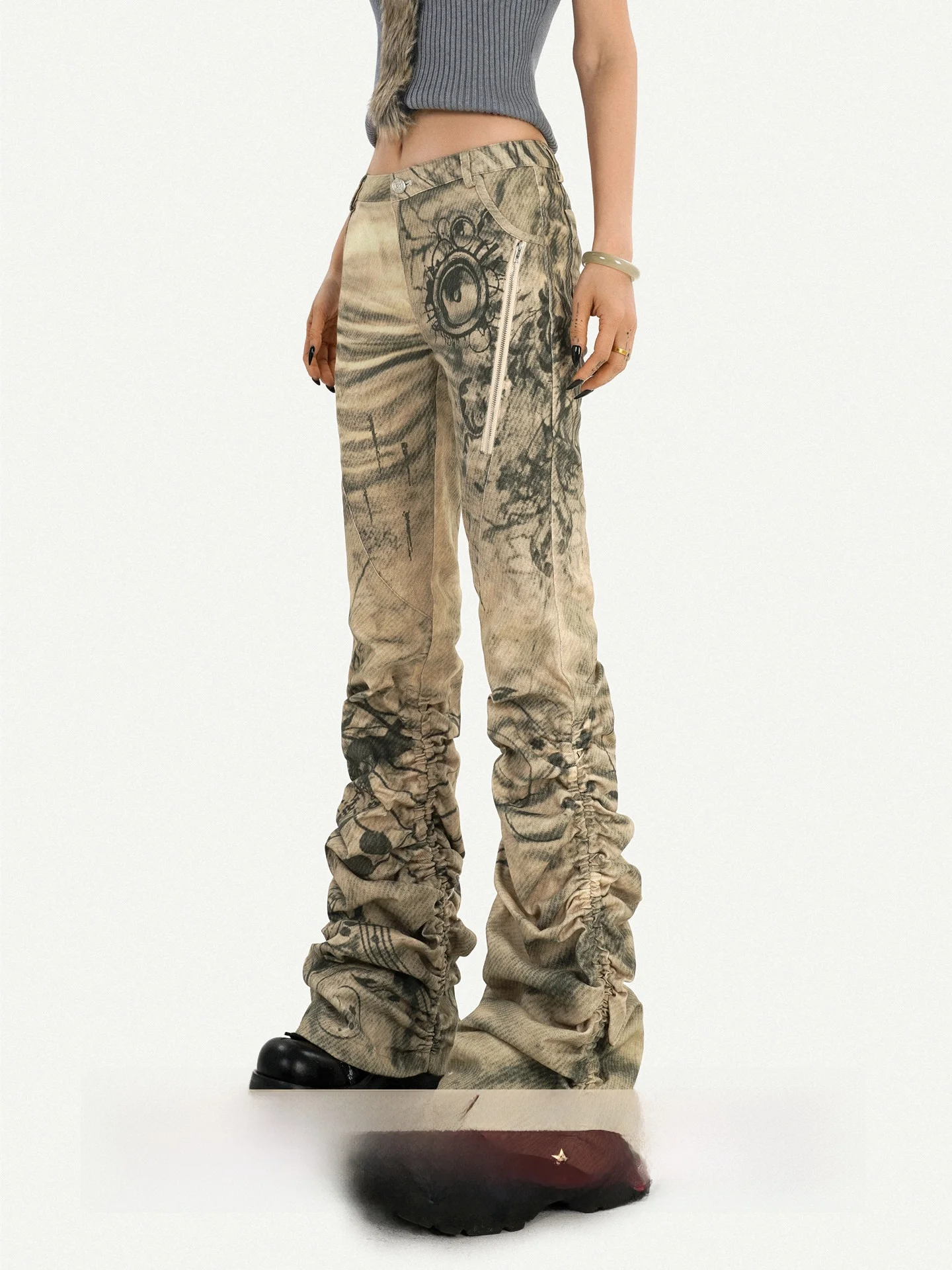 

Punk Retro Ink Painting Denim Pants Low Waist Flared Long Trousers Women's Design Sense Staable Micro Flare Jeans