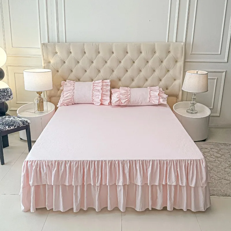 1Pc Double Layer Ruffled Solid Color Bed Skirt Princess Bedroom Beds Cover Bed Skirt Non-slip Mattress Cover Bedsheet/ Bedspread