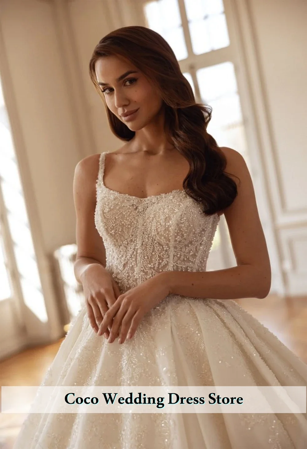 فستان زفاف رائع مخصص سباركلي على شكل حرف A مزين بالدانتيل واللؤلؤ المطرز فستان زفاف العروس فيستدوس دي نوفيا