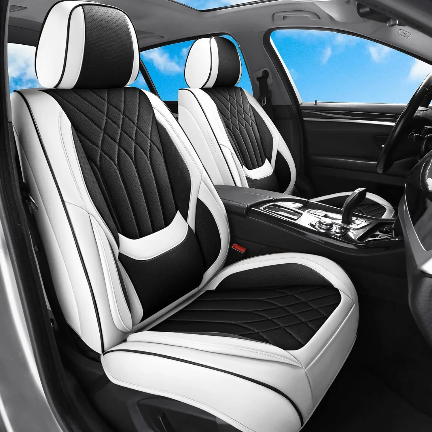 

Car Seat Covers Front Seats Black White, Luxury Leather Automotive Seat Covers with Lumbar Support, Car Inner Accessories Seat P