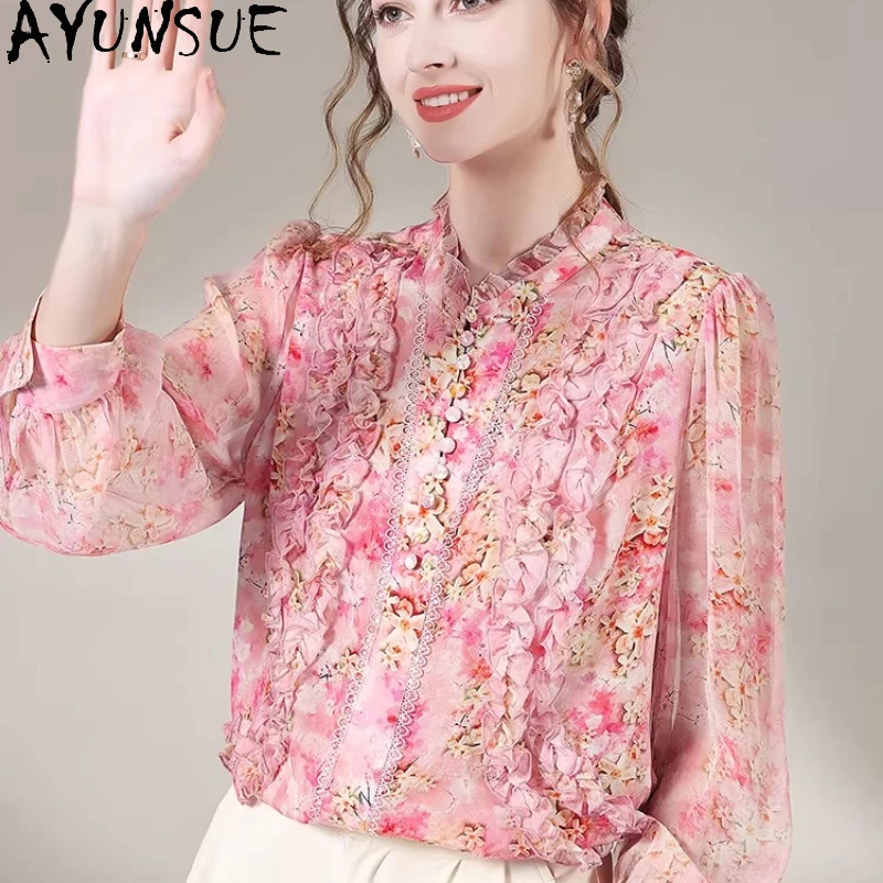 

AYUNSUE 100% Mulberry Real Silk Womens Tops Elegant Shirts for Women 2026 Summer Clothes Fashion Shirt Women Платье Женское