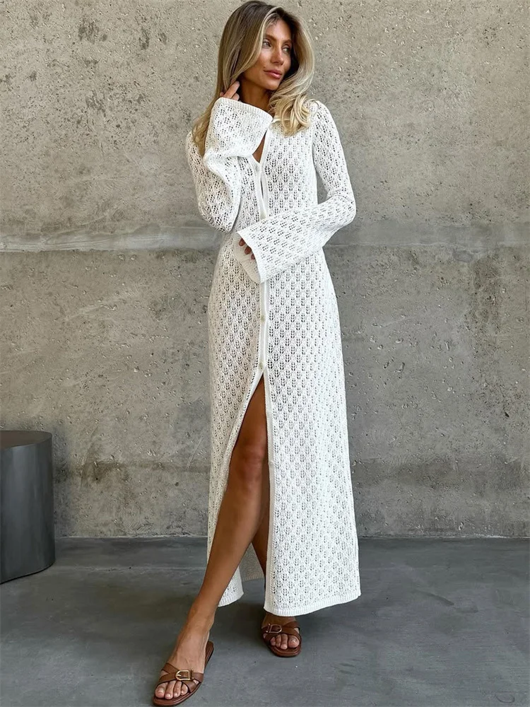 Tossy Elegant Knitwear Hollow Out Long Dress Cardigan For Women V-Neck Patchwork See-Through Loose Beach Dress Knit Female Dress
