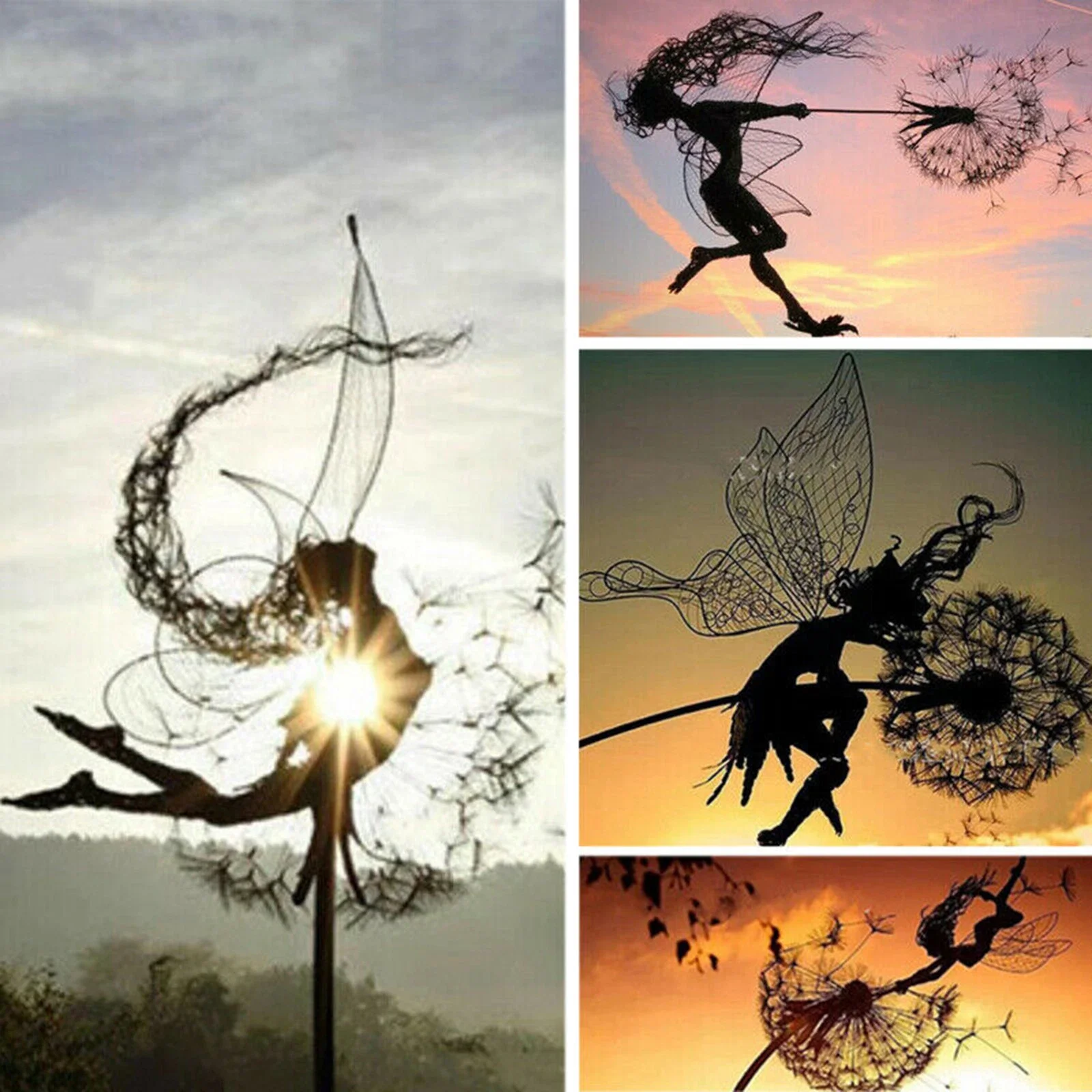 Outdoor Fairies Dandelions Dance Together Statue Elf Figurine Metal Ornament Silhouette Statue for Yard Lawn Patio Garden Decor