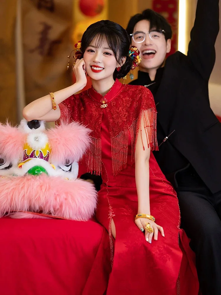 

Красное свадебное платье в новом китайском стиле, винтажное, для ужина, повседневное, свадебное платье, длинное вечернее платье для свадьбы и вечеринки