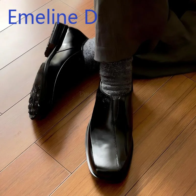 

Square Toe Loafers Leather Splicing Simple Casual Flat Bottom Unisex Daily Commuting Retro British Style One Foot Derby Shoes