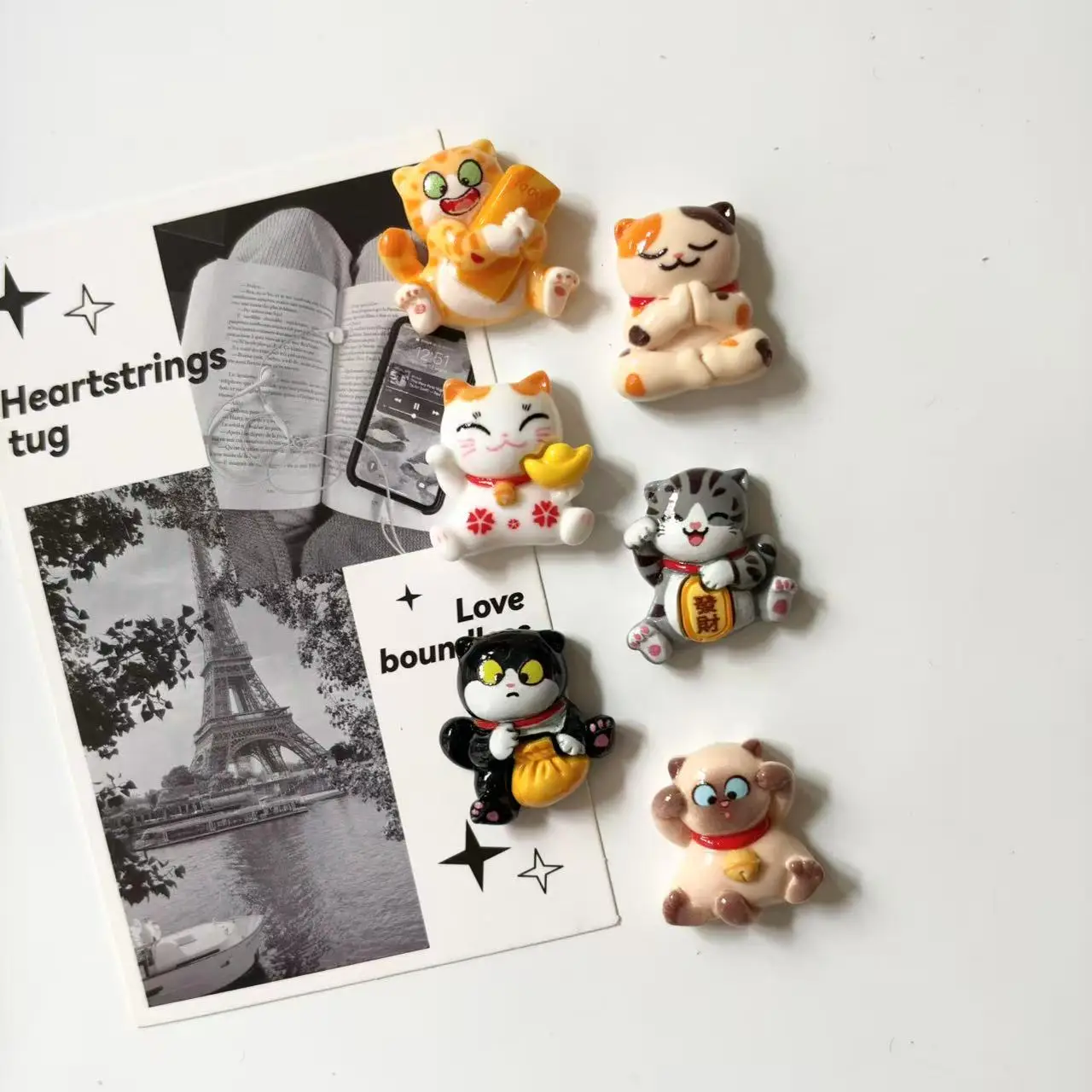 6Pcs resin lucky cat fridge magnets - cute magnet photos with fixed magnets