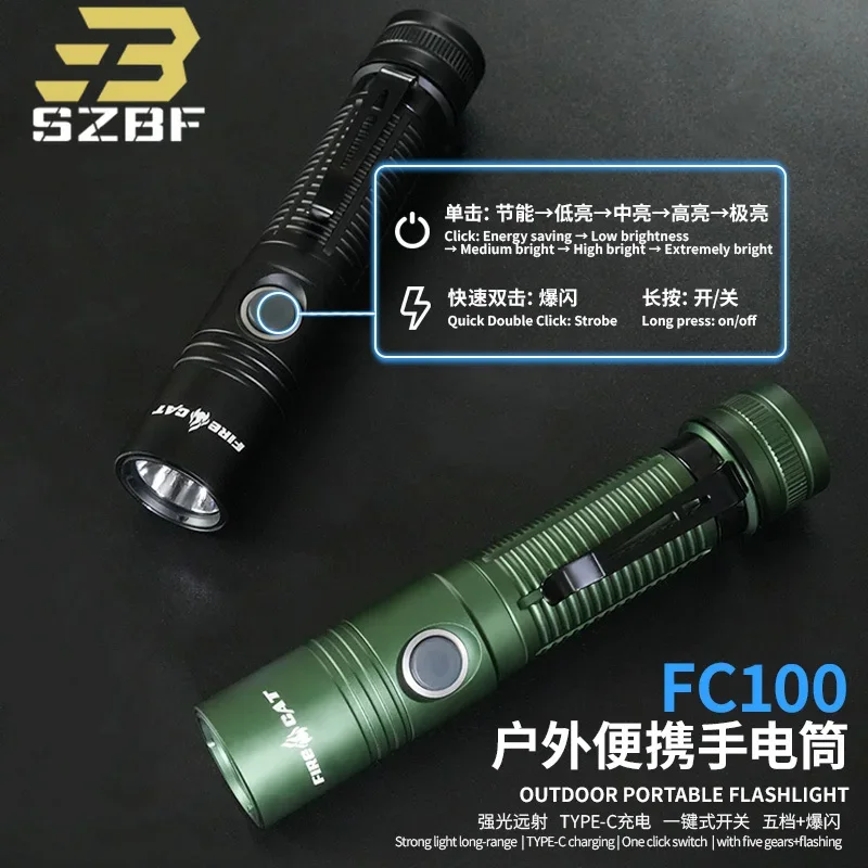 Firecat Tactical FC100 Metal Flashlight 1800 Lumens High-power USB Charging 5 Files of Brightness  Hiking Camping IPX8 LED Torch