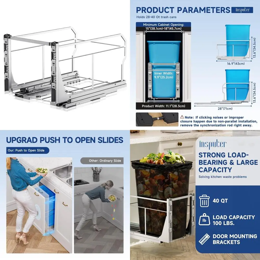 

Heavy-Duty Kitchen and Laundry Pull-Out Trash Can with Push-to-Open Slides for Under-Sink Storage Solutions