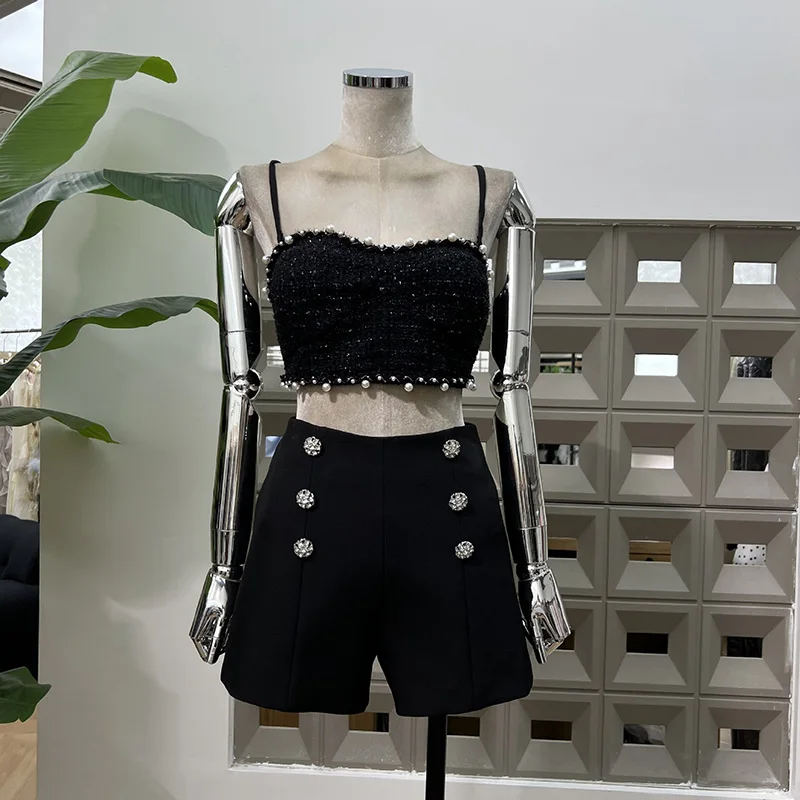 KBQ Solid Three Piece Sets for Women Round Collar Long Sleeve Coats Sexy Vest High Waist Spliced Button Shorts Luxury Set Female