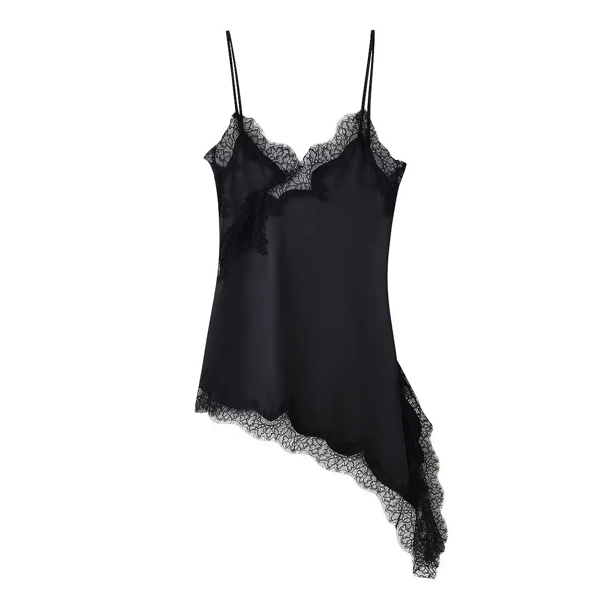 

Summer New Women's Fashion Casual Strap Mini Dress Lace Trim Hem Top For Women Sexy Strap Satin Blouse Contrast Lace Detail RC0K