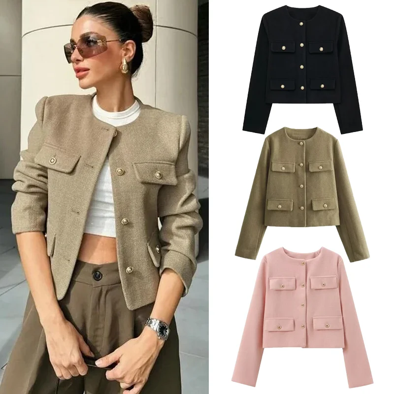 

Woman Outerwears Autumn Long Sleeve Cropped Jacket For Women Winter Button Demi-Season Short Coats Elegant Women's Coat