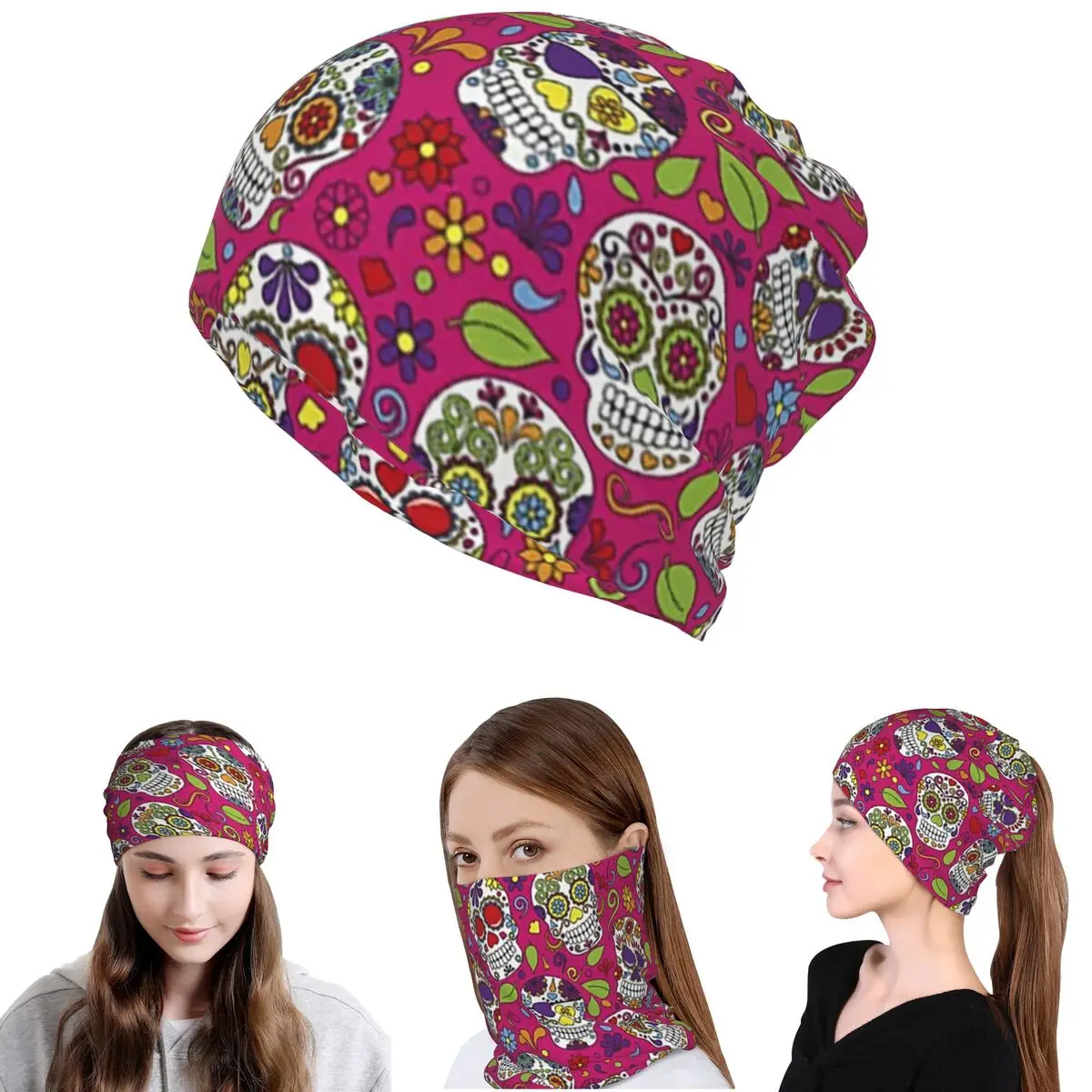 Sugar Skull Mexican Flower Halloween Day Of The Dead Bandana Neck Gaiter Magic Scarf Headband Beanies Hat for  Adult Windproof