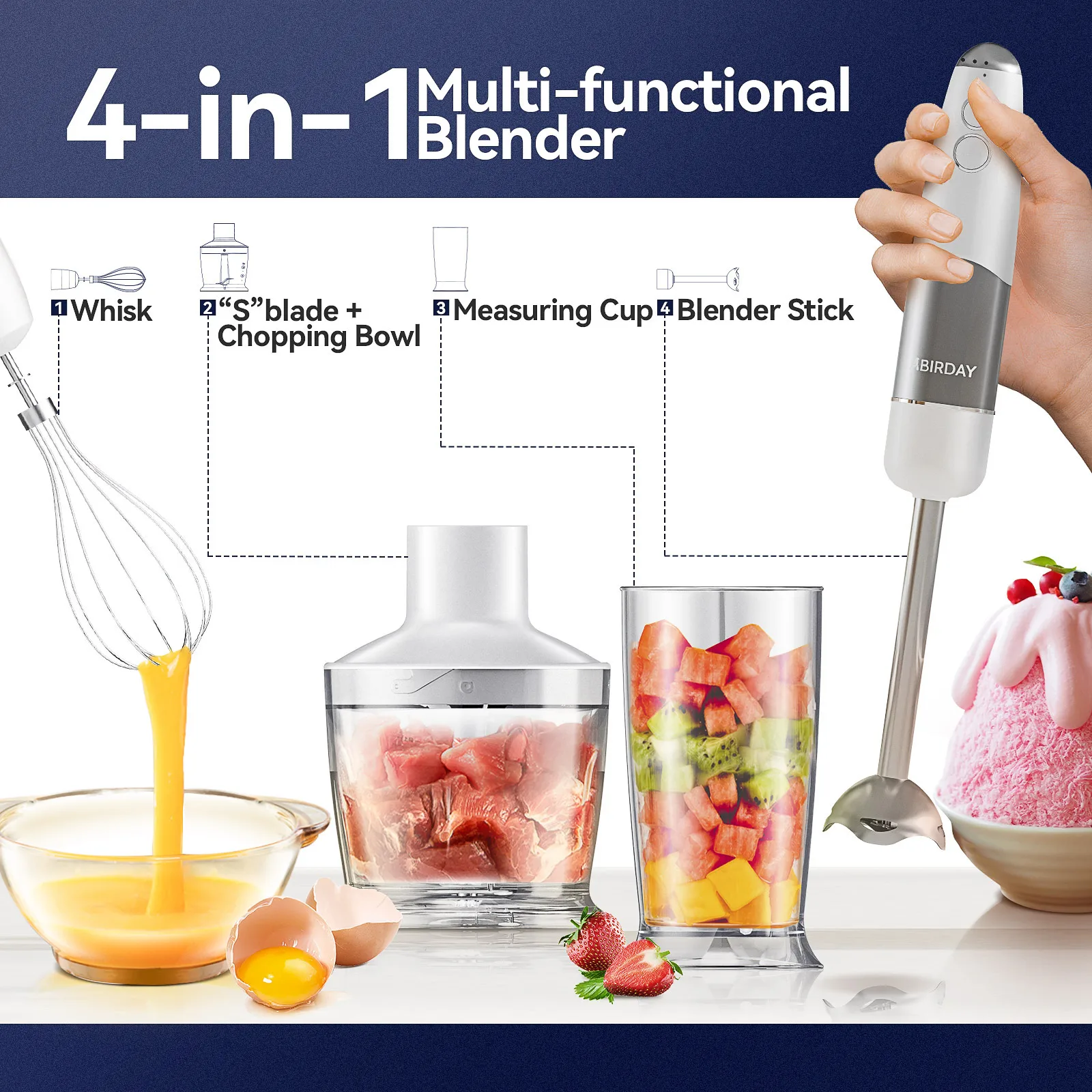 4-in-1 يده الغمر خلاط طعام الفولاذ المقاوم للصدأ عصا خلاط طعام قوية المطبخ خلاط آلة كوب خفقت