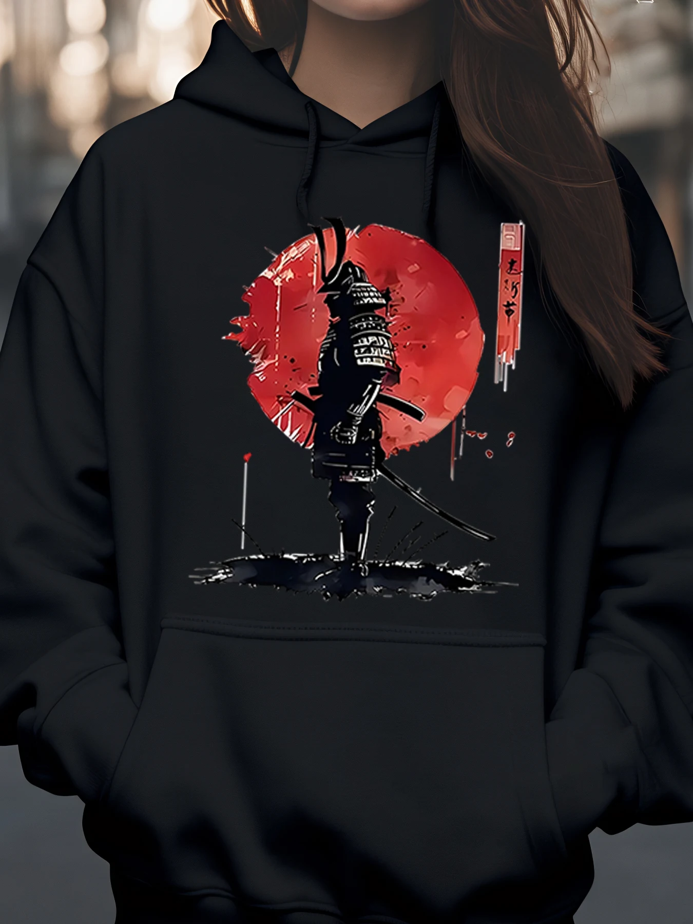 هوديي Samurai Warrior Red Sun Print للخريف والشتاء ملابس غير رسمية للجنسين