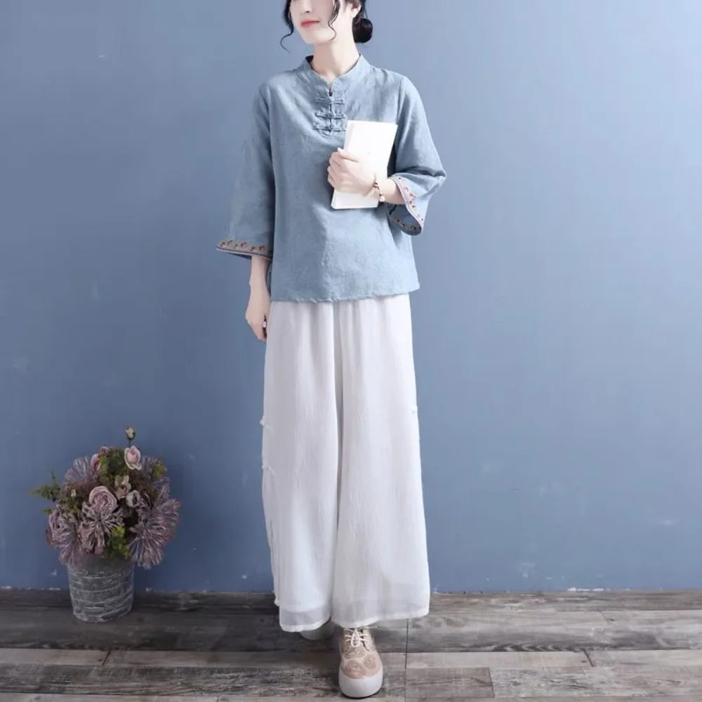 Women's 2026 Spring Summer Cotton Linen Jacquard Embroidery Shirt, Chinese Style Retro Frog Button Stand Collar Short Top