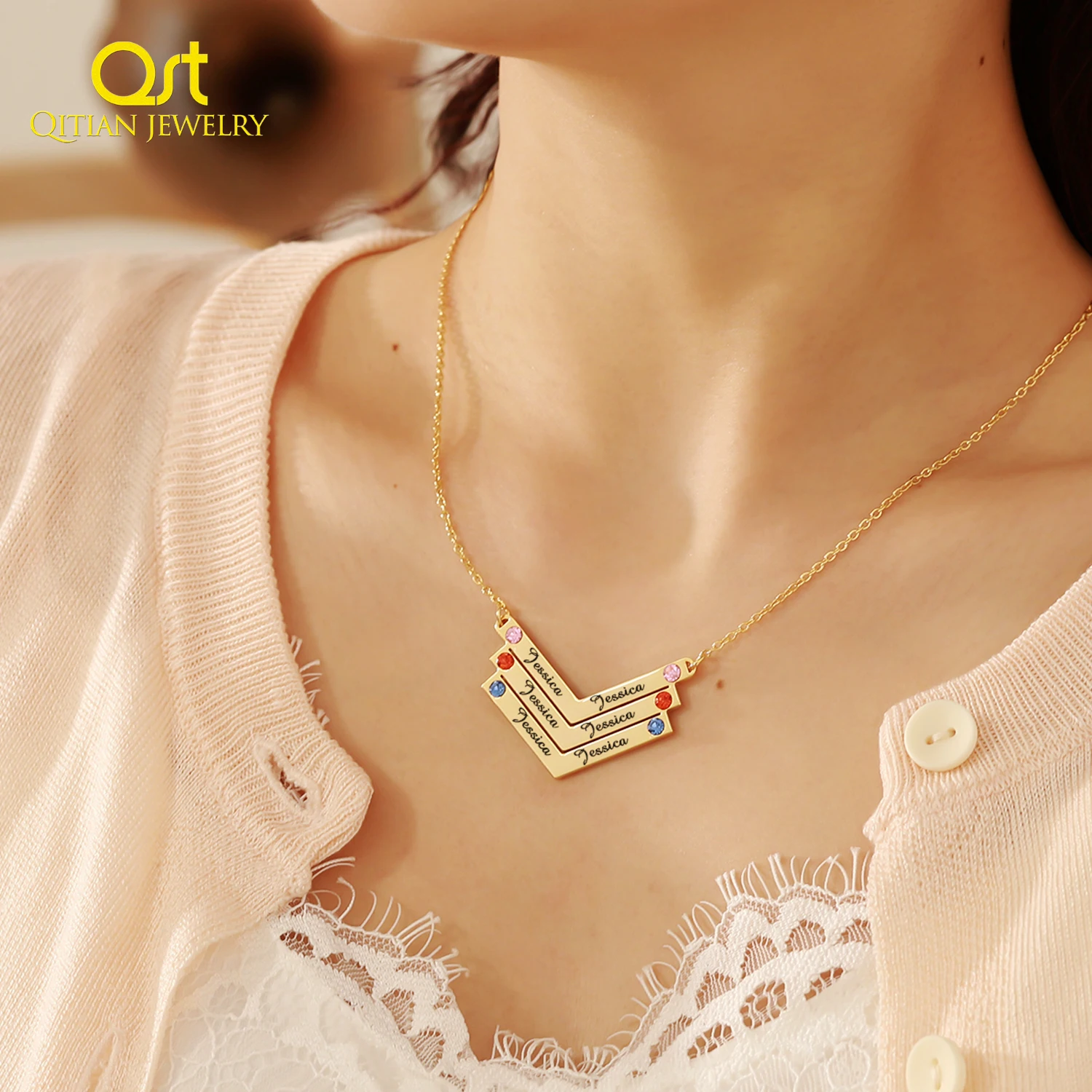 

Qitian Custom Name Necklace Personalise Engraved Name Necklaces Gold Stainless steel Pendant Fashion Jewelry For Women Gift