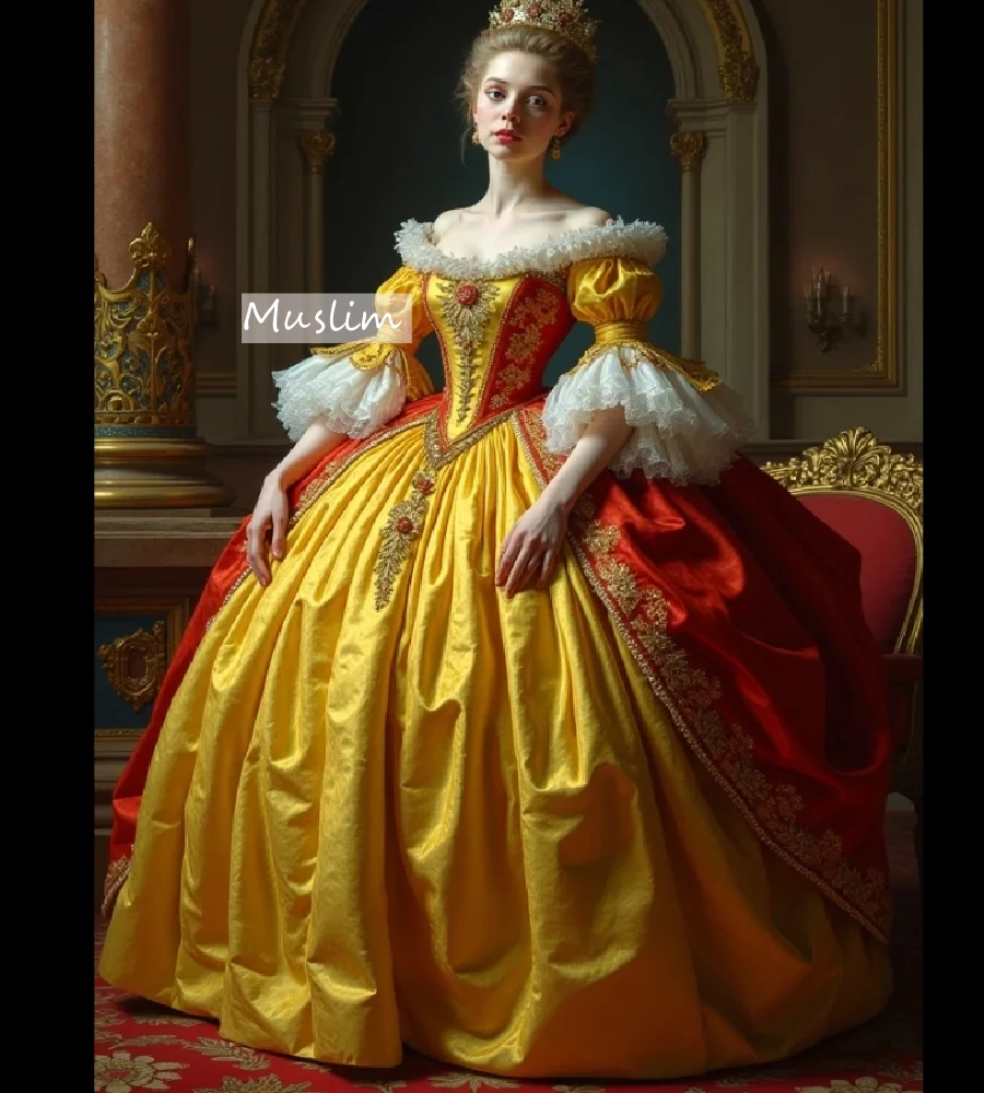 

Vintage Renaissance Rococo Bustle Prom Dress Puffy Red And Gold Medieval Lace Evening Dress Victorian Formal Party Customized