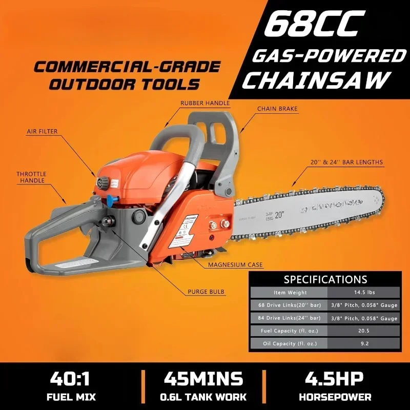 

68CC 2-Cycle Top Handle Gas Powered Chainsaw 24 Inch 20 Inch Petrol Handheld Cordless Chain Saw for Tree Wood Cutting