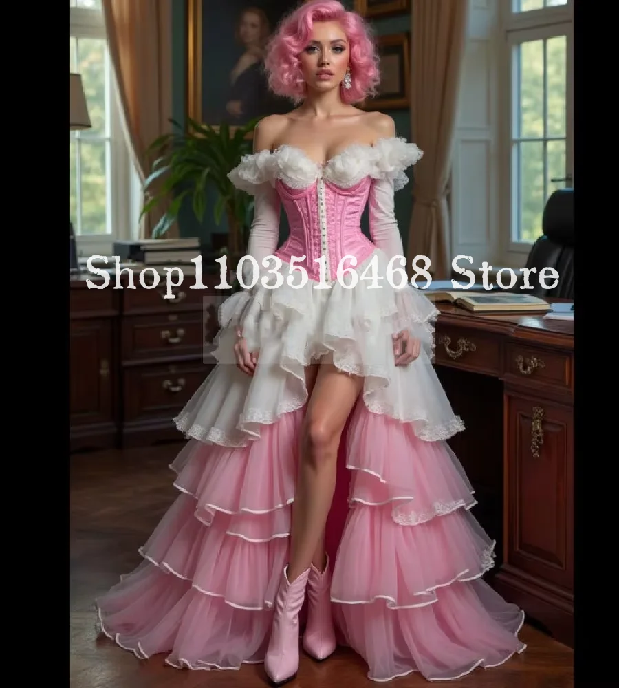 

Фэнтезийное викторианское платье для выпускного вечера на одно плечо, розовое, белое, с галстуком-корсетом, с длинным рукавом, элегантное, с разрезом, кружево, рюшами, длинное платье по индивидуальному заказу