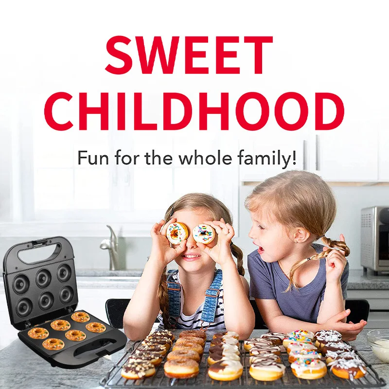 750W Electric Donut Cake Machine Home Automatic Donut Cake Maker Double-sided Heating Baking Breakfast Bread Oven Pan 6 Donuts