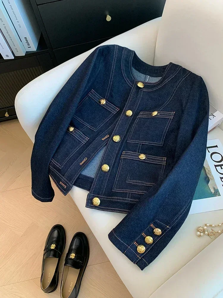 

Autumn New Women Blue Denim Top Classic Style Short Coat Korean Fashion Chic Pockets O-Neck Female Loose Jackets
