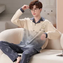 2024 New Autumn Long Sleeved Sleepwear Cotton High School Student Homewear Boys V-neck Cardigan Youth Loose Loungewear Suit