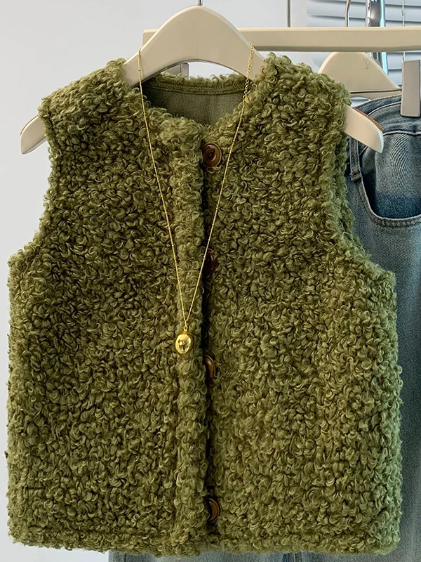 Women's Loose Lamb Fur Vest Autumn Winter Warmth Layering Outerwear Fashion Commute Style Button up Thickened Relaxed Fit