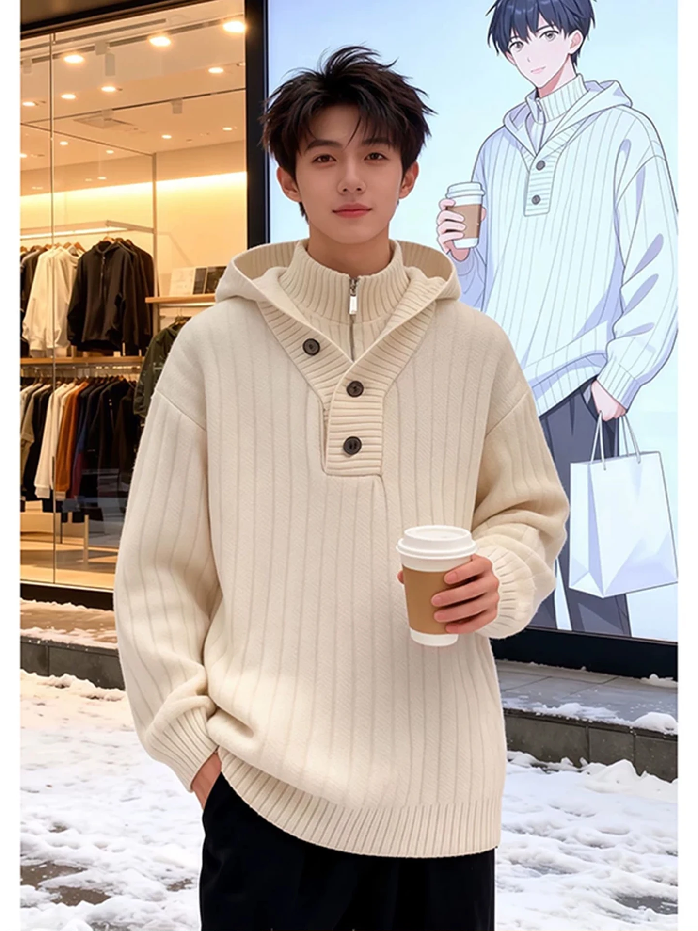 

Korean High Ne Thiened Loose Men's Knitted Sweater Winter Casual Sle Polyester Fiber Long Sve Zipper Closure Coat
