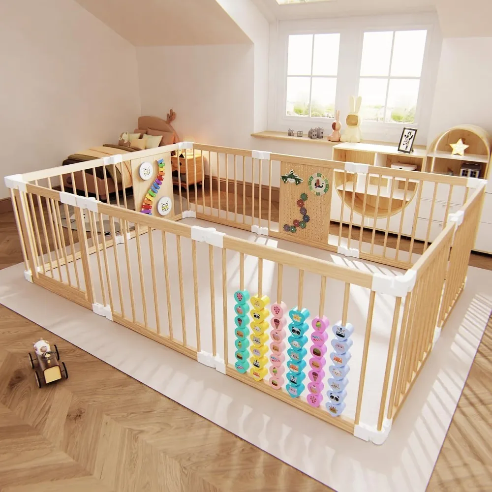 

Adjustable Multi Shape Wooden Playpen Portable Collapsible Play Yard Activity Center with Fence Play Area Toys for Infants