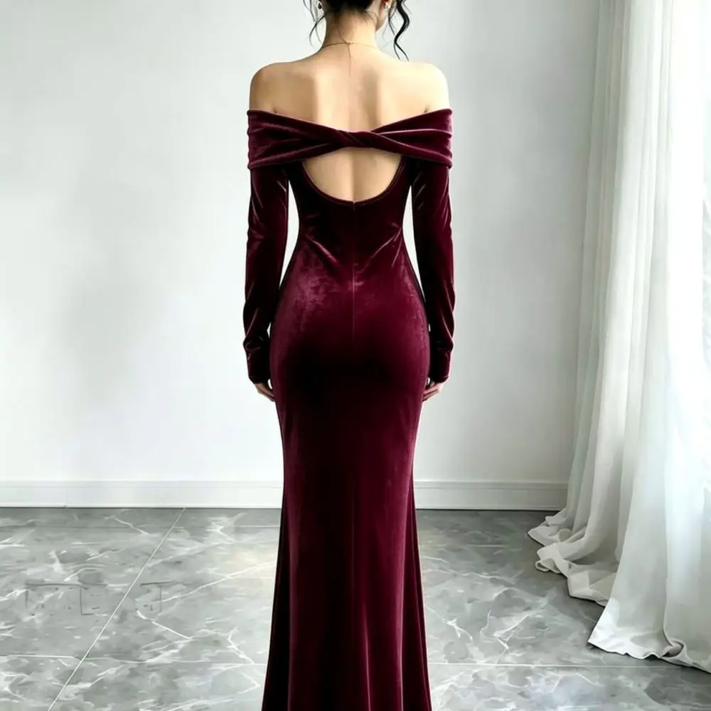 Elegant Off Shoulder Velvet Maxi Dress Women Long Sleeve Bodycon Gown Autumn Winter Slim Fit Sexy Evening Party Dresses