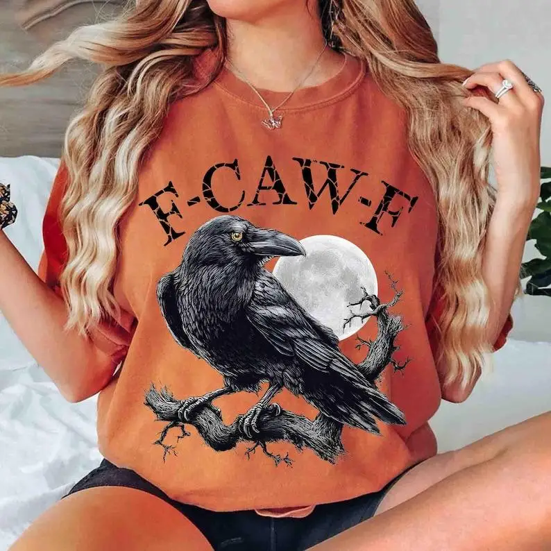 

F-Caw-F Raven Graphic T-Shirt with Moon and Branch Shirt, F-Caw-F Gothic Crow Shirt,, Gothic, Halloween-Inspired Shirt