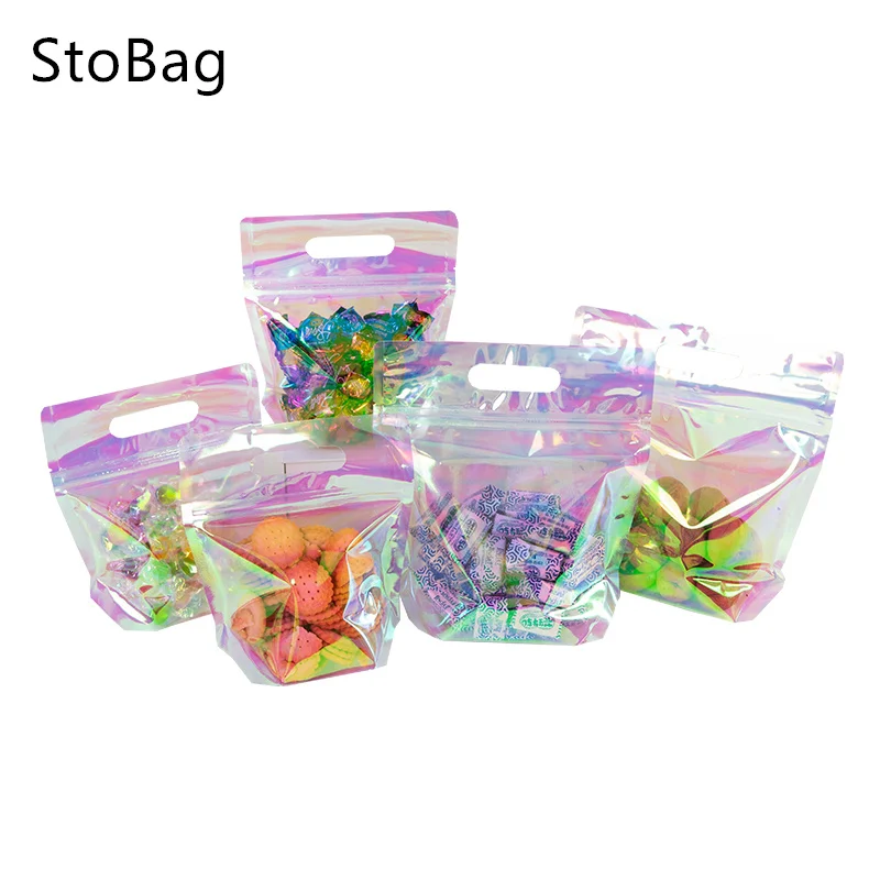 StoBag Laser Colored Transparent Ziplock Tote Bag Packaging Snowflake Crisp Nougat Dessert Cookies For Wedding Birthday Party