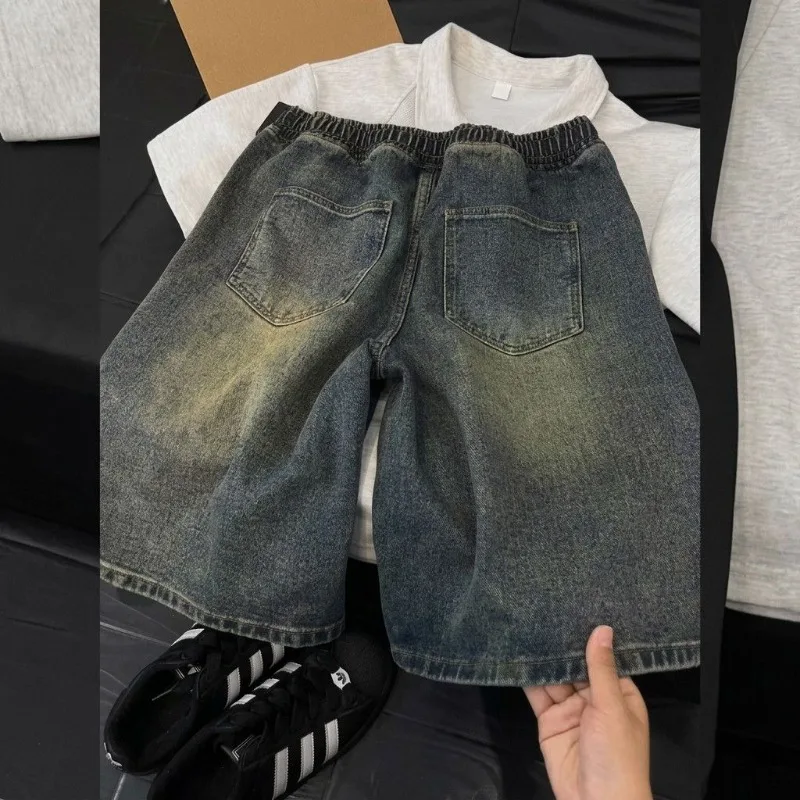 Baggy Jeans Shorts for Men Vintage Tie-Dye Distressed Make Old Streetwear Straight Wide-leg Shorts Casual Hip Hop Short Pants