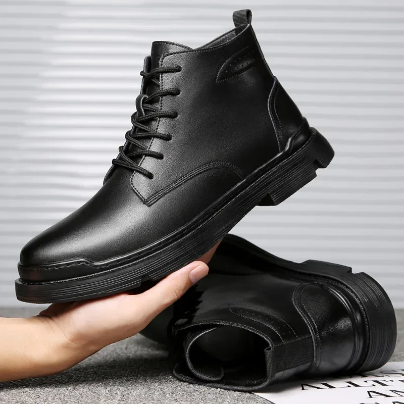 Taktyczne botki męskie Outdoor skórzane zimowe futrzane ciepłe buty męskie Us buty myśliwskie dla mężczyzn buty Casual Blackt65 — zdjęcie 5