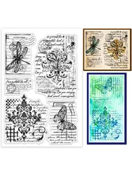 1Sheet Retro Floral Background Clear Stamps Baroque Pattern Silicone Clear Stamp Seals Butterfly Dragonfly Transparent Stamps