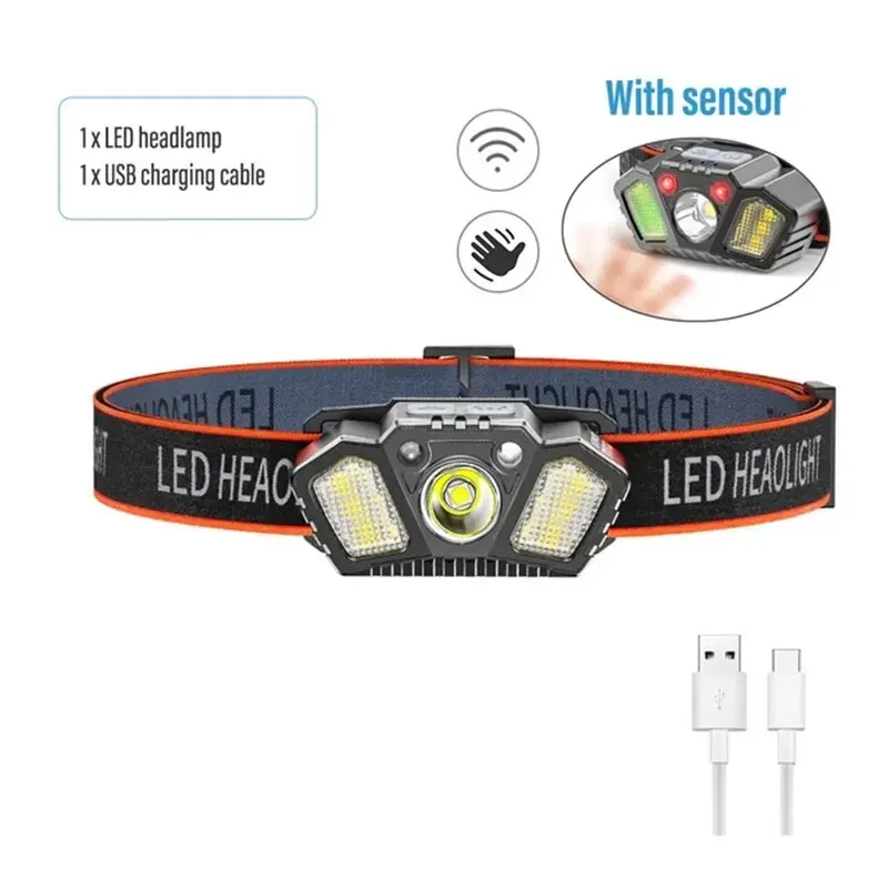 Portable Sensor Headlamp Rechargeable XPE COB Headlight 5Modes Fishing Camping Hiking Red Warning Head Lamp With Gesture Control