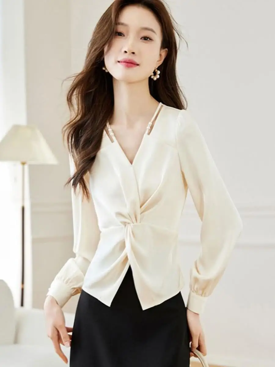 silk-shirt-women's-long-sleeve-waist-cinching-design-fashionable-slimming-trendy-versatile-fake-collar-business-style-spring