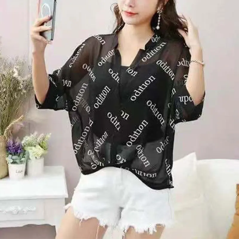 Short Sleeve Chiffon Shirts for Women, Loose Fitting, Casual Clothes, Elegant Temperament Tops, Summer Simplicity Fashion Trend