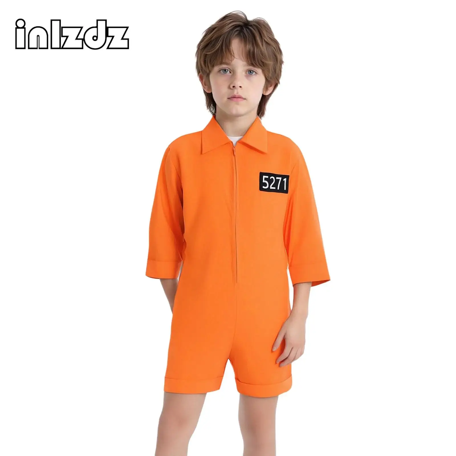 

Kids Boys Girls Prisoner Cosplay Bodysuit Half Sleeve Lapel Collar Closure Number Applique Jumpsuit Leotard for Halloween Party