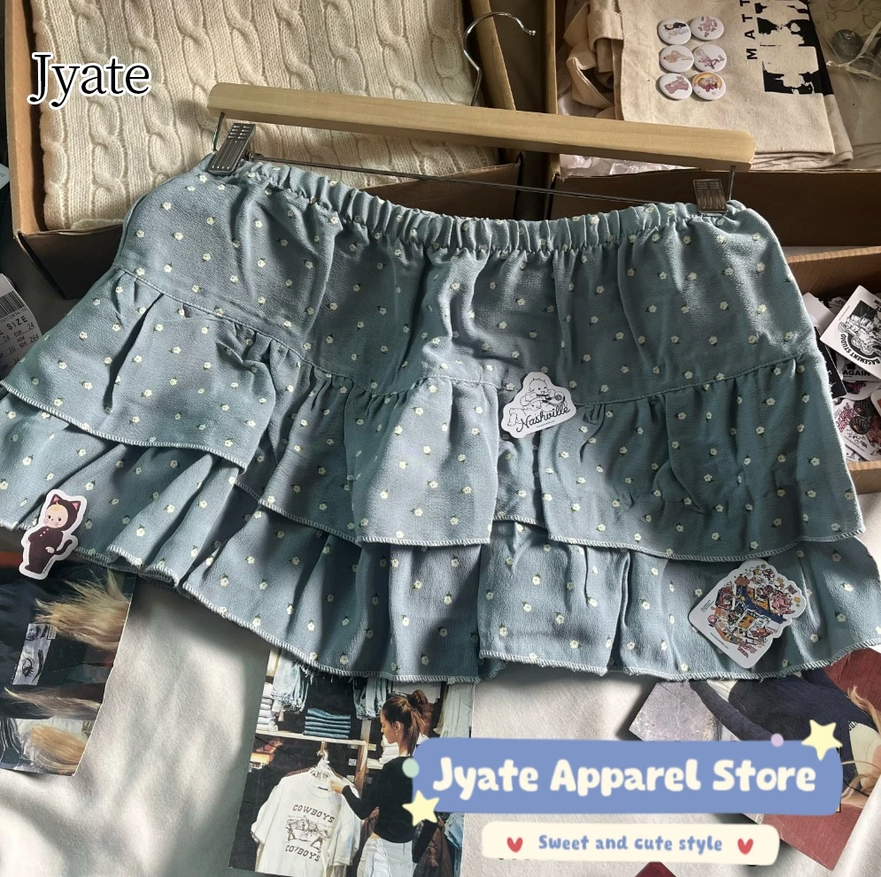 

Jyate Blue Floral Print Short Skirt Women Ruffled Patchwork Cute Cake Skirts 2024 Summer Y2K Retro Slim A-line Skirt Female Jupe