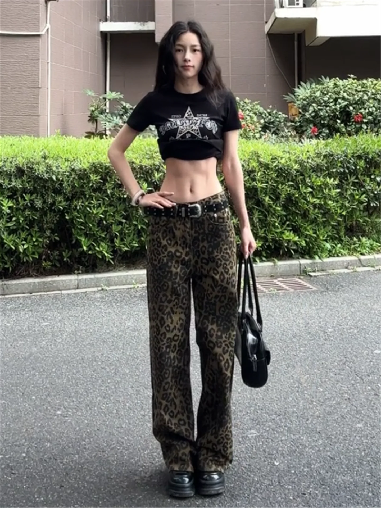 

Джинсы женские в уличном стиле с высокой талией, леопардовым принтом, свободные, широкие штанины, весна-лето, повседневные, из хлопка