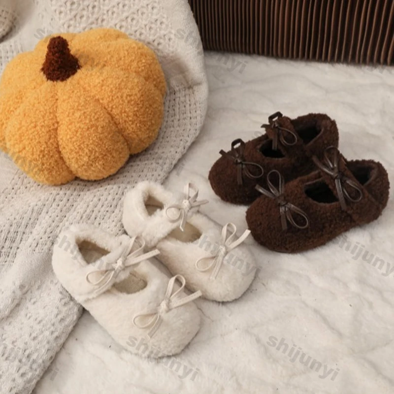 Children Winter Cotton Shoes Kids Thick Warm Plush Fur Shoes Girls Winter Bows Cotton Padded Warm Fur Fluffy Kids Flats Loafers