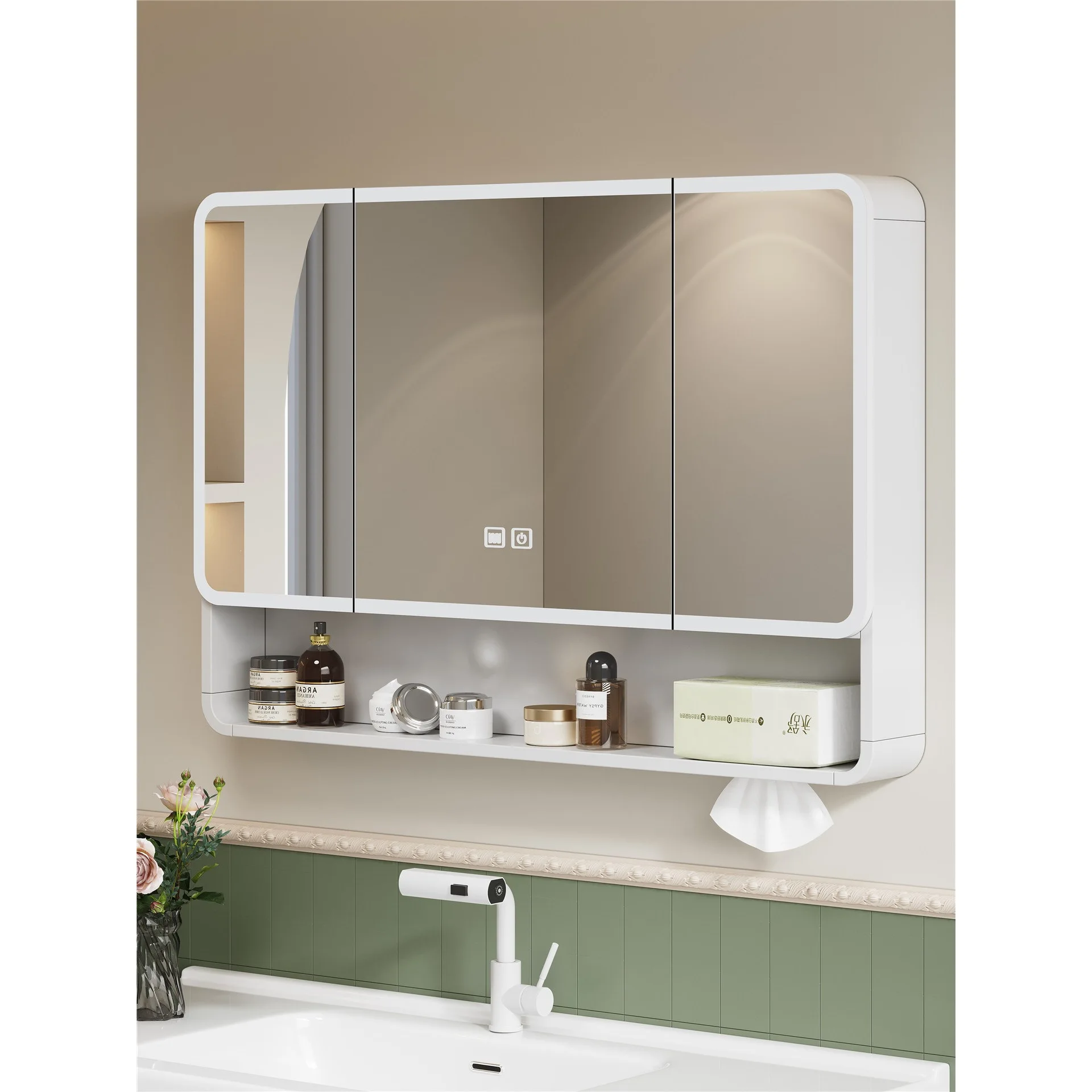 Thickened space aluminum bathroom mirror cabinet arc separate bathroom wall-mounted intelligent defogging with lamp storage