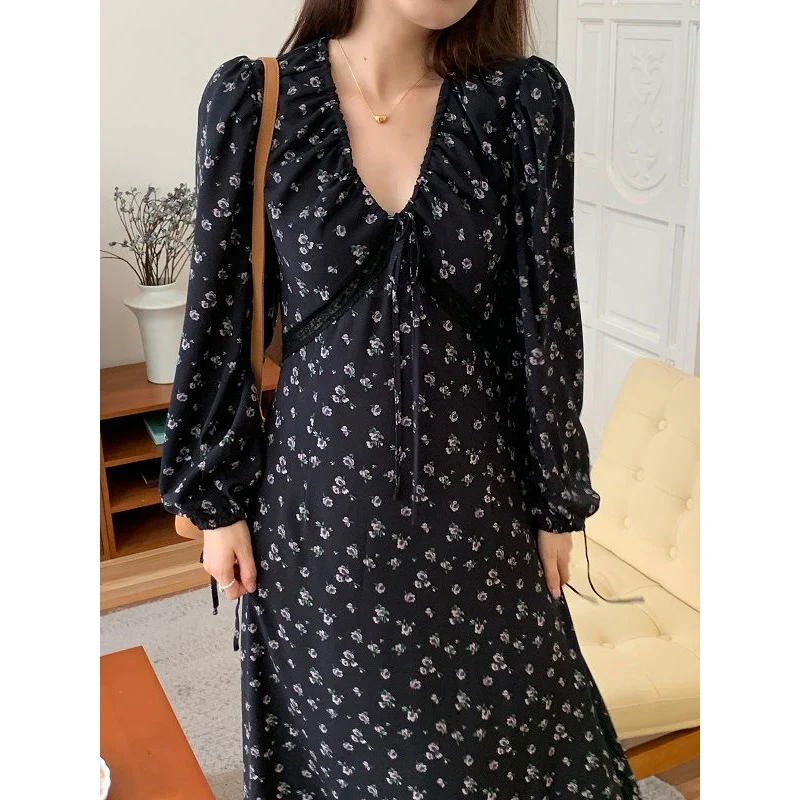 

Fashion V-Neck Lace Up Lace Printed Puff Sleeve Floral Dress Women's Clothing 2024 Autumn New Loose Office Lady Vintage Dresses