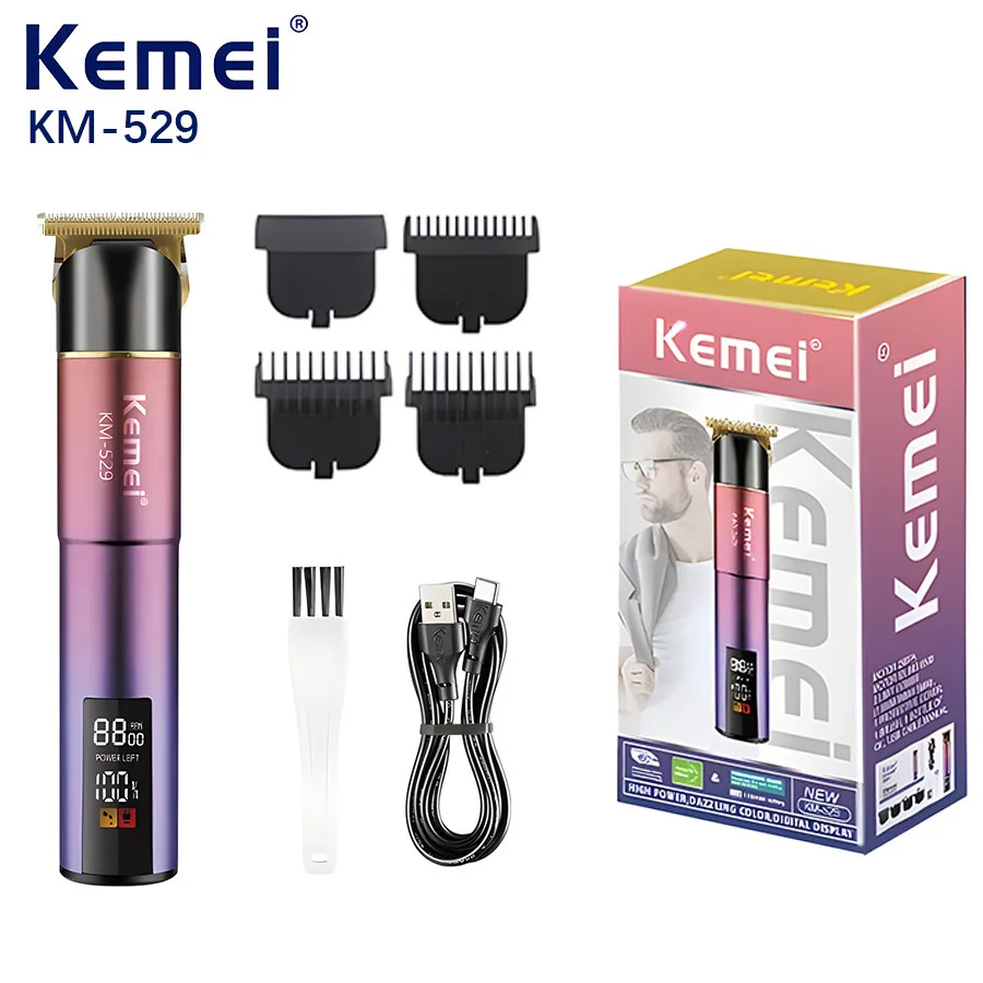 Kemei KM-529 LCD digital display USB charging cordless electric hair clipper, hair salon men's professional electric push shear