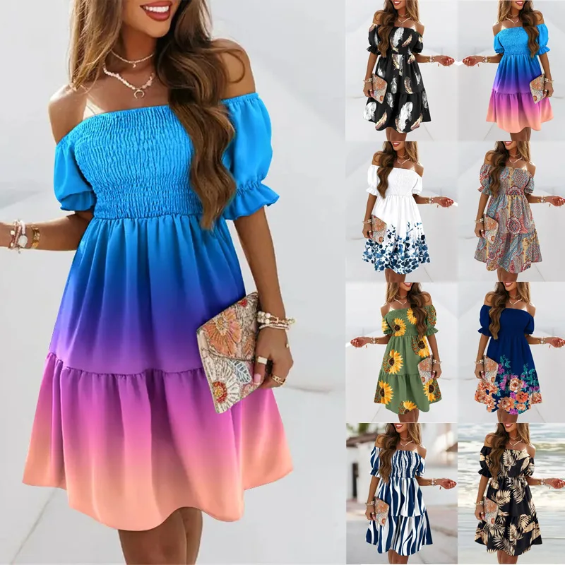 

Women's Clothing2025Spring Short Sleeve off-Neck Waist Trimming Printing Dress