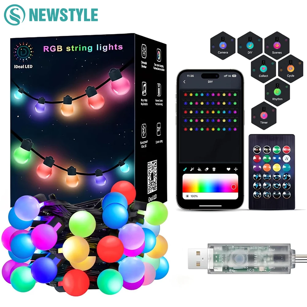 Smart APP RGB String Lights 33Ft 50Bulbs With Remote IP65 Outdoor Color Changing Garden Lighting For Party Christmas Decor