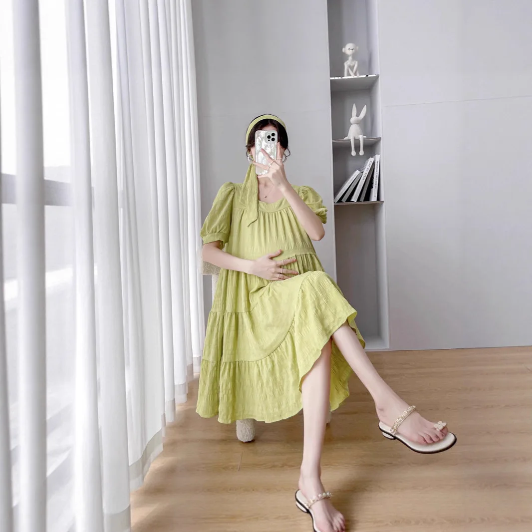 Maternity Clothes Summer New Over The Knee To Cover The Belly, Small Fresh and Loose Temperament Pleated Maternity Dress