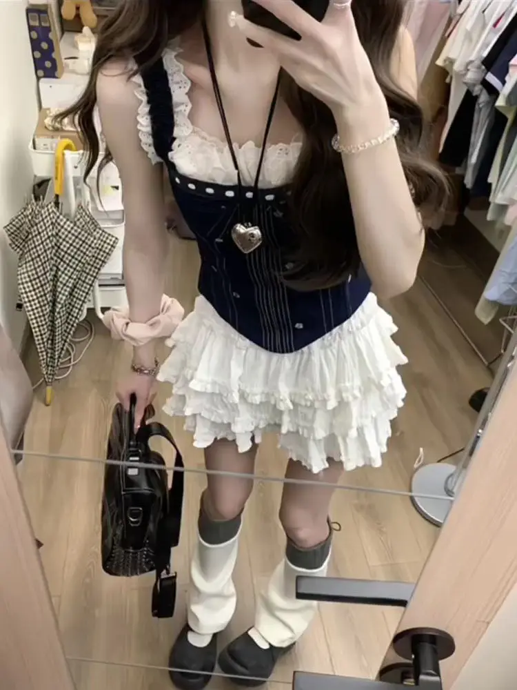 الصيف الكورية الدنيم الحلو 2 قطعة مجموعة النساء الدانتيل مخيط بروتيل القمم + ألف خط كعكة تنورة دعوى Y2k تصميم ملابس غير رسمية 2025