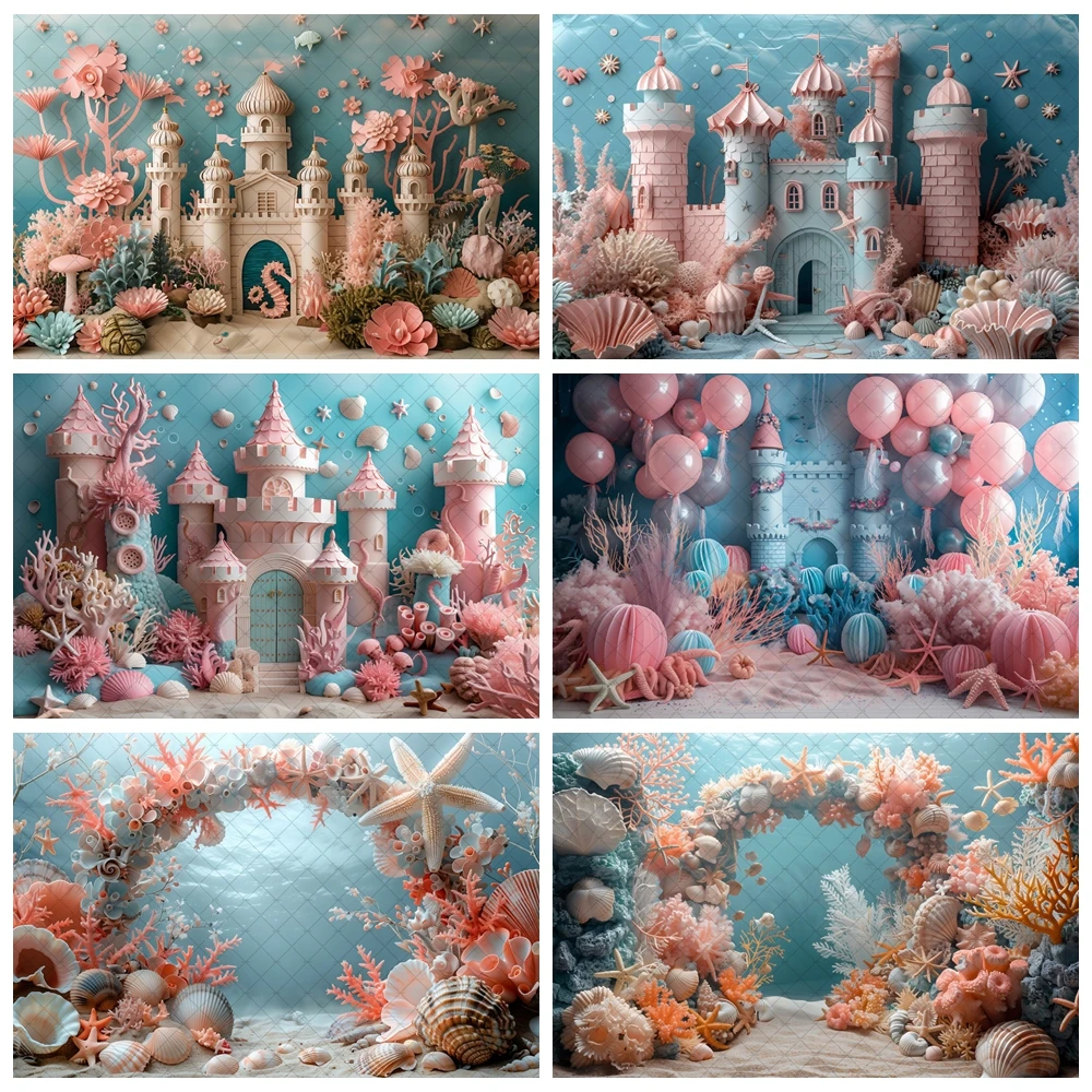 

Baby Shower Background Birthday Decoration Underwater World Coral Castle Seahorse Shell Cake Smash Portrait Photography Backdrop